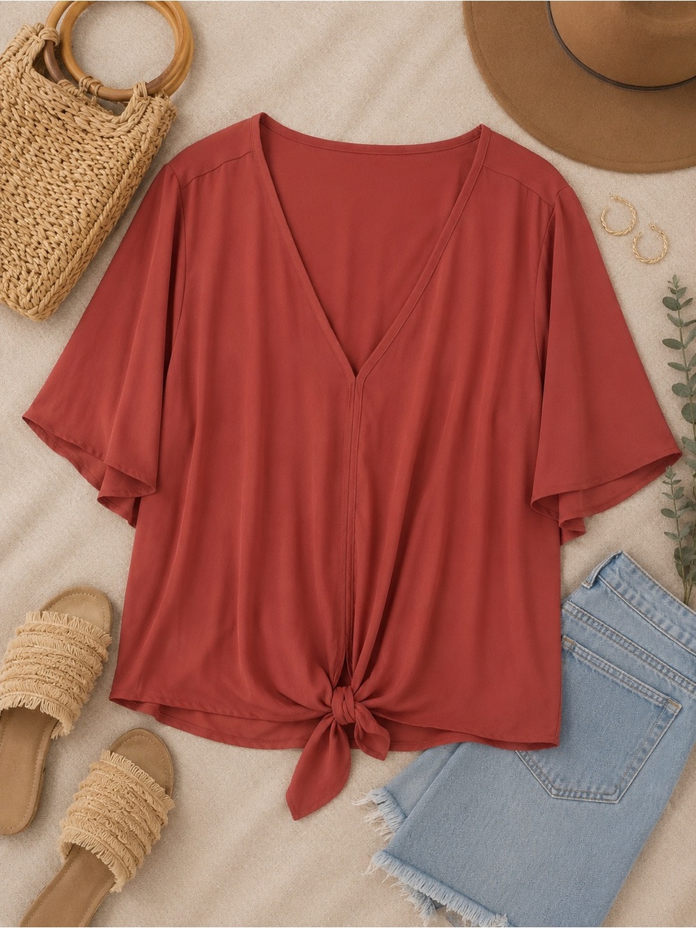 Zenana Terracotta Tie Front Flutter Sleeve Lightweight Blouse Flowy Size 2X